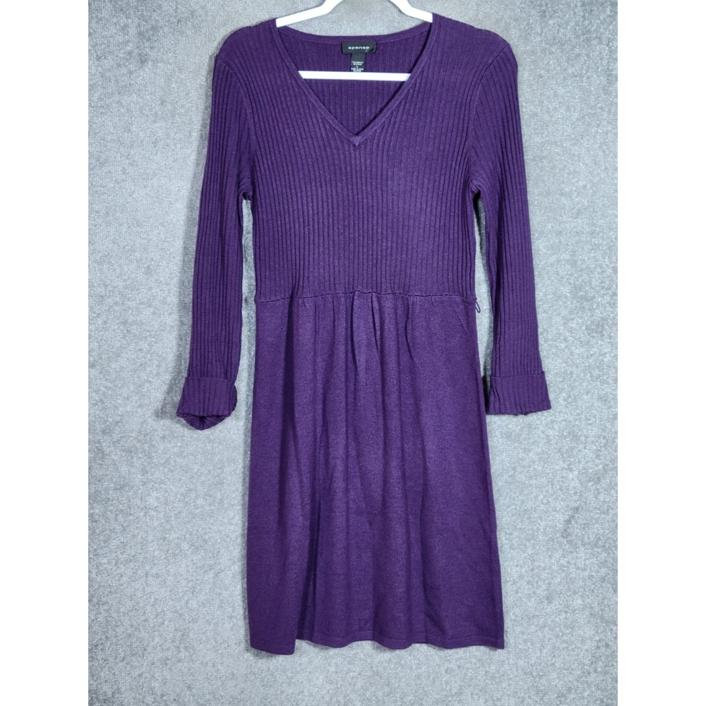 Spense Ribbed Knit Dress Womens Sz L Purple Acrylic Wool Y2K V-Neck Long Sleeve